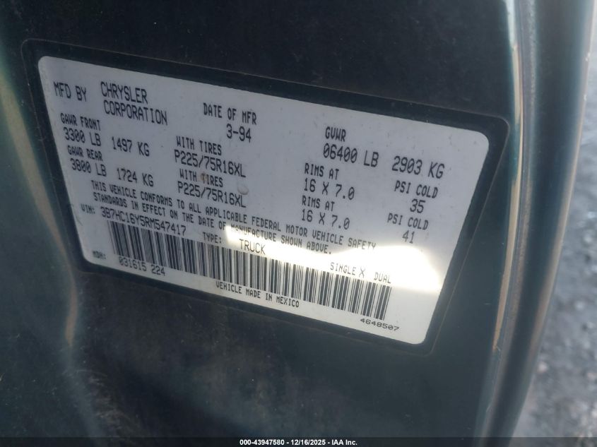 1994 Dodge Ram 1500 VIN: 3B7HC16Y5RM547417 Lot: 43947580