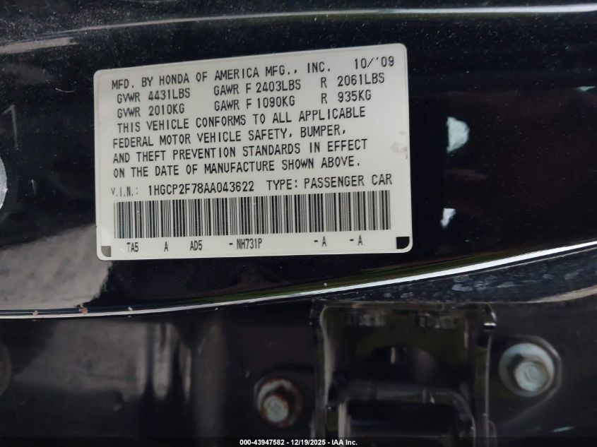 2010 Honda Accord 2.4 Ex VIN: 1HGCP2F78AA043622 Lot: 43947582