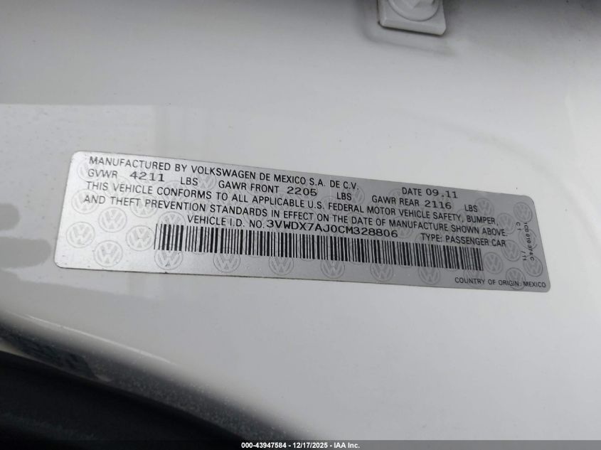 2012 Volkswagen Jetta 2.5L Se VIN: 3VWDX7AJ0CM328806 Lot: 43947584