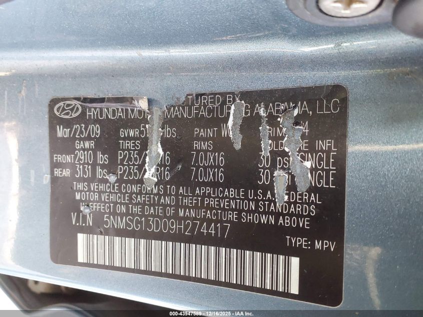 2009 Hyundai Santa Fe Gls VIN: 5NMSG13D09H274417 Lot: 43947589