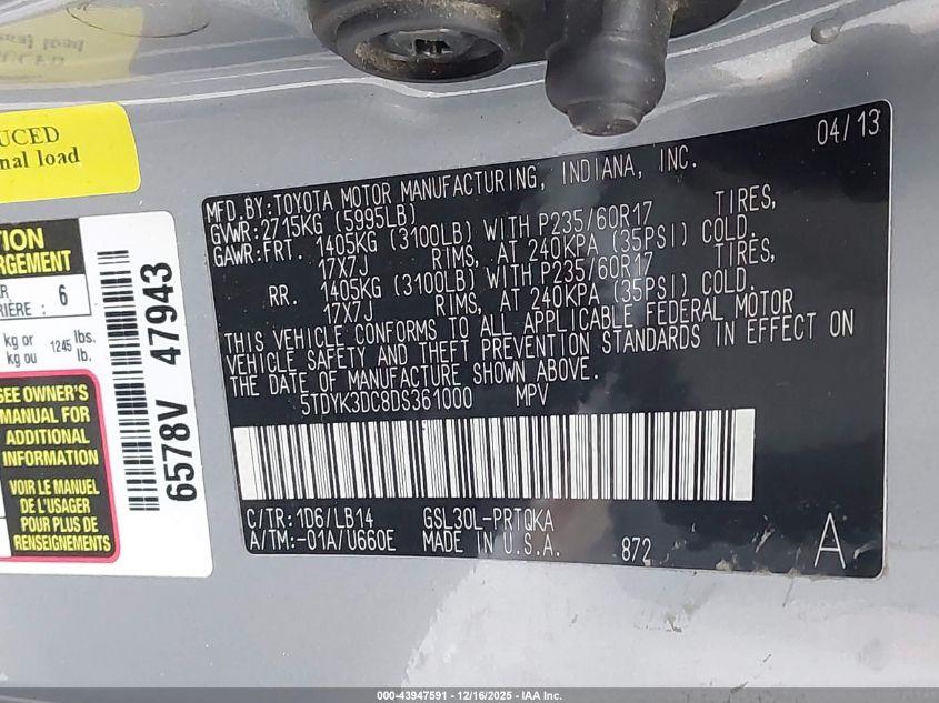 2013 Toyota Sienna Xle V6 8 Passenger VIN: 5TDYK3DC8DS361000 Lot: 43947591