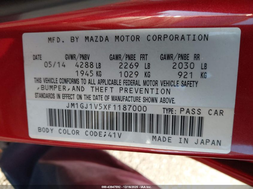 2015 Mazda Mazda6 I Touring VIN: JM1GJ1V5XF1187000 Lot: 43947592