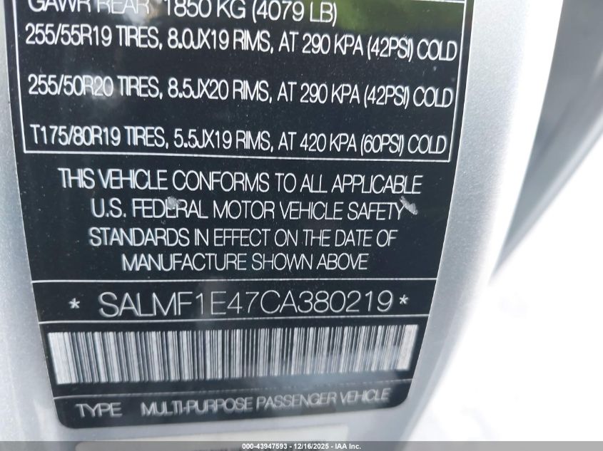 2012 Land Rover Range Rover Supercharged VIN: SALMF1E47CA980219 Lot: 43947593