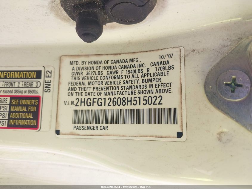 2008 Honda Civic Lx VIN: 2HGFG12608H515022 Lot: 43947594