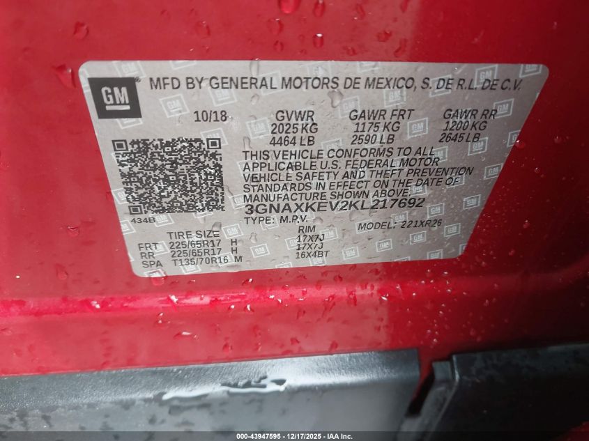 2019 Chevrolet Equinox Lt VIN: 3GNAXKEV2KL217692 Lot: 43947595