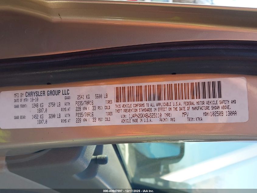 2011 Jeep Liberty Sport VIN: 1J4PN2GK4BW525110 Lot: 43947597