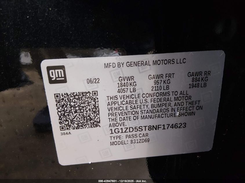 2022 Chevrolet Malibu Fwd Lt VIN: 1G1ZD5ST8NF174623 Lot: 43947601