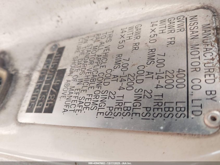 1986 Nissan D21 Short Bed VIN: JN6ND11S9GW036905 Lot: 43947602