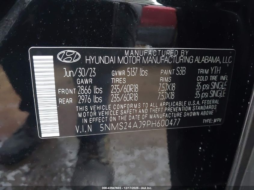 2023 Hyundai Santa Fe Sel VIN: 5NMS24AJ9PH600477 Lot: 43947603
