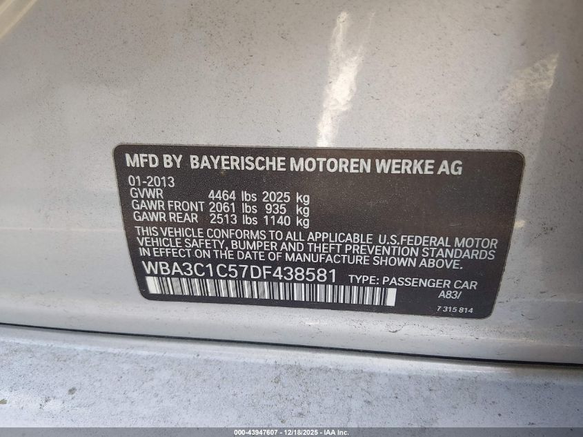 2013 BMW 328I VIN: WBA3C1C57DF438581 Lot: 43947607