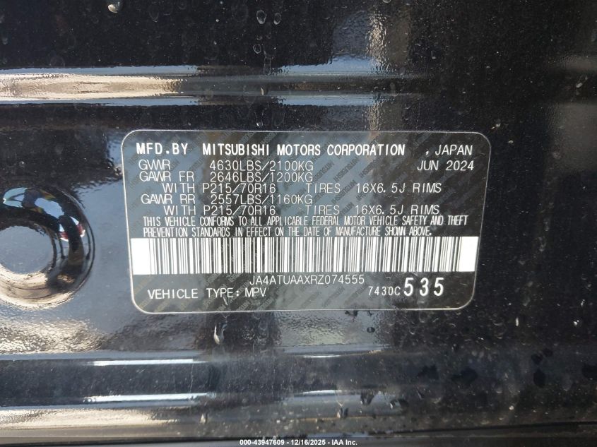 2024 Mitsubishi Eclipse Cross Es S-Awc VIN: JA4ATUAAXRZ074555 Lot: 43947609