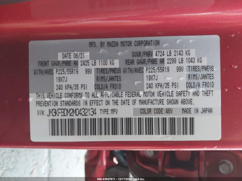 2021 Mazda Cx-5 Grand Touring VIN: JM3KFBDM2M0432134 Lot: 43947611