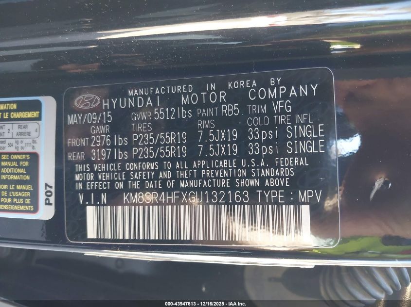 2016 Hyundai Santa Fe Limited VIN: KM8SR4HFXGU132163 Lot: 43947613