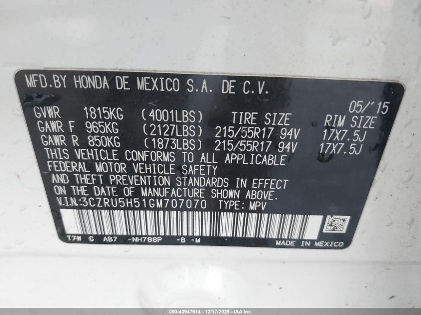 2016 Honda Hr-V Ex VIN: 3CZRU5H51GM707070 Lot: 43947614