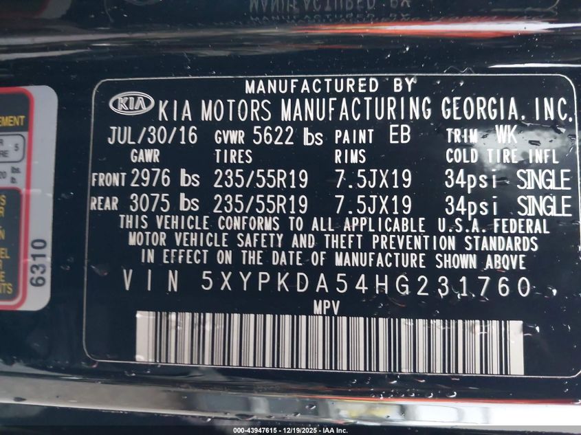 2017 Kia Sorento 3.3L Sx VIN: 5XYPKDA54HG231760 Lot: 43947615