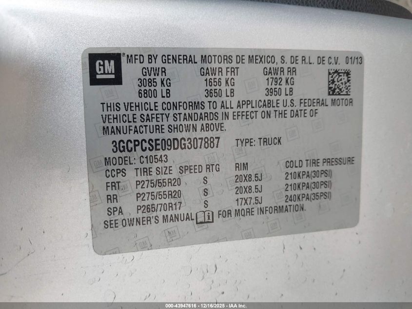 2013 Chevrolet Silverado 1500 Lt VIN: 3GCPCSE09DG307887 Lot: 43947616