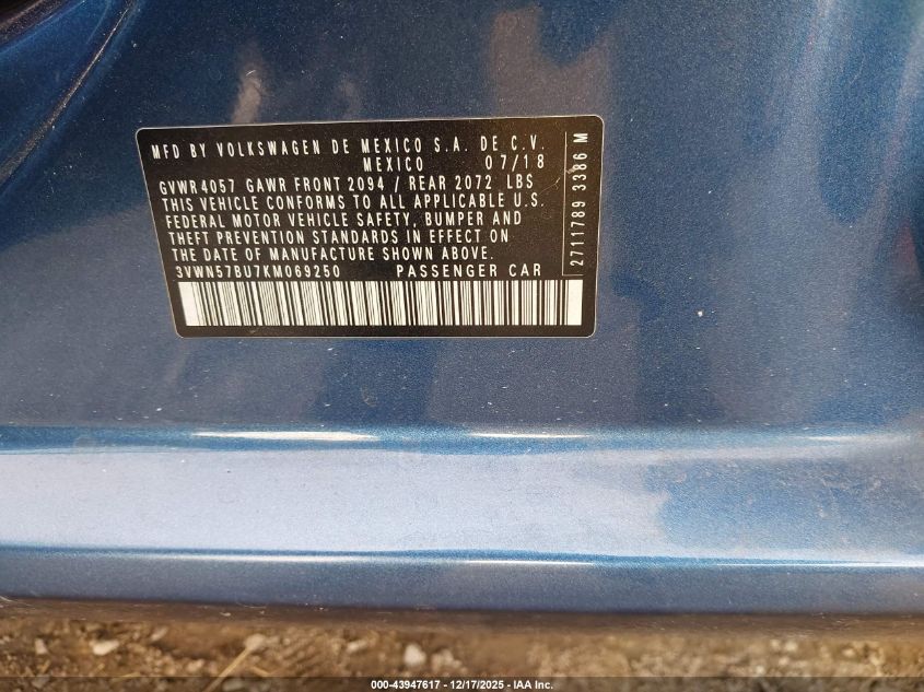 2019 Volkswagen Jetta 1.4T S VIN: 3VWN57BU7KM069250 Lot: 43947617