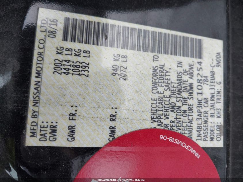 2017 Nissan Altima 3.5 Sl VIN: 1N4BL3AP3HC108254 Lot: 43947618