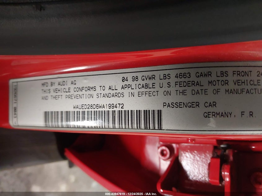 1998 Audi A4 2.8 VIN: WAUED28D6WA199472 Lot: 43947619