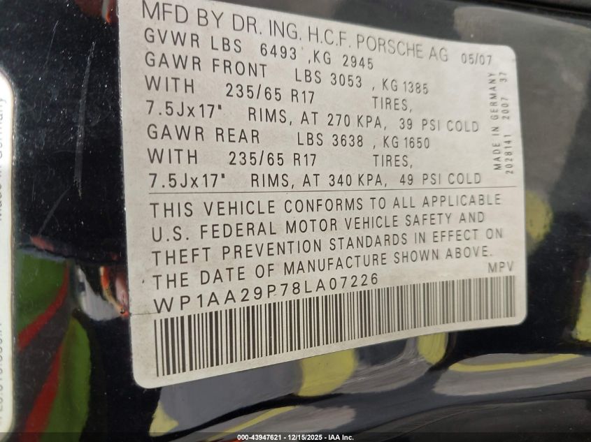 2008 Porsche Cayenne VIN: WP1AA29P78LA07226 Lot: 43947621