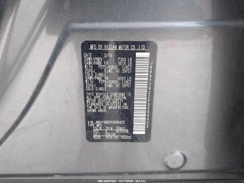 2019 Nissan Armada Sl VIN: JN8AY2ND2K9090422 Lot: 43947623