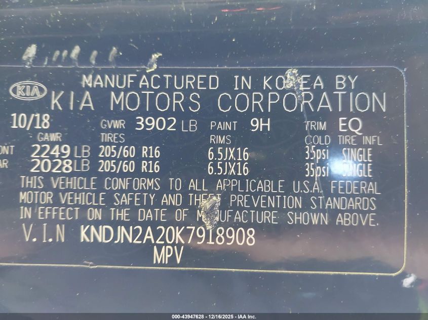 2019 Kia Soul VIN: KNDJN2A20K7918908 Lot: 43947628