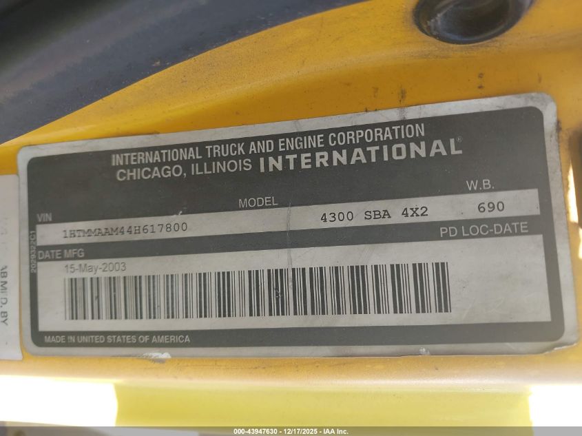 2004 International 4000 4300 VIN: 1HTMMAAM44H617800 Lot: 43947630