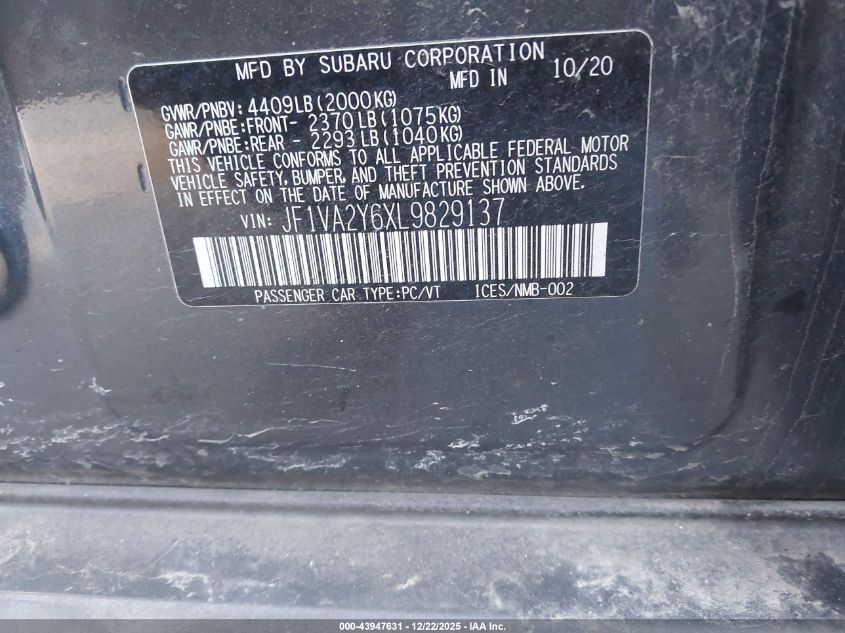 2020 Subaru Wrx Sti Limited VIN: JF1VA2Y6XL9829137 Lot: 43947631