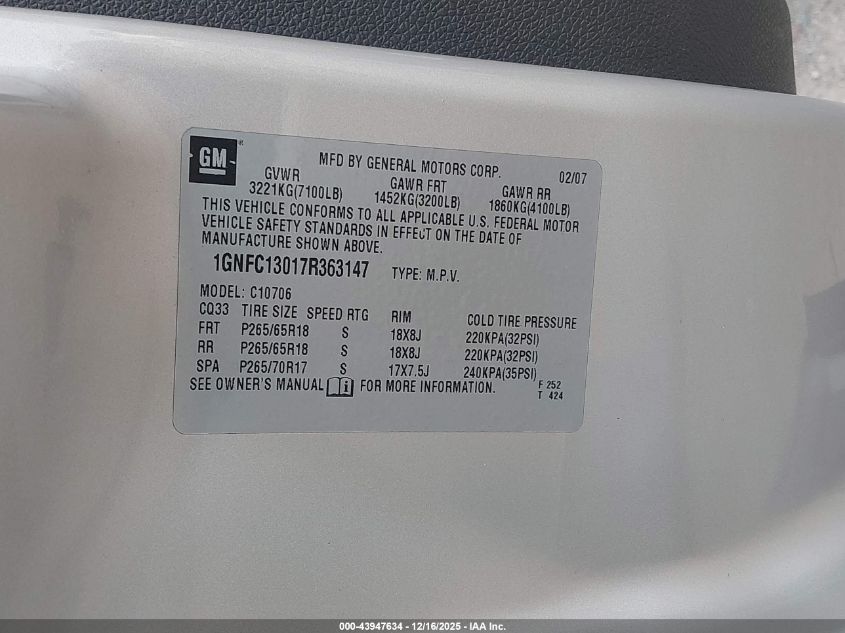 2007 Chevrolet Tahoe Lt VIN: 1GNFC13017R363147 Lot: 43947634