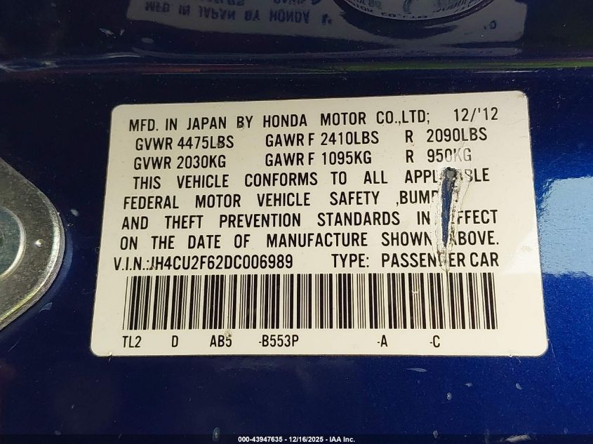2013 Acura Tsx 2.4 VIN: JH4CU2F62DC006989 Lot: 43947635