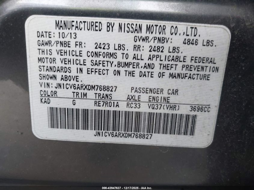 2013 Infiniti G37X VIN: JN1CV6ARXDM768827 Lot: 43947637