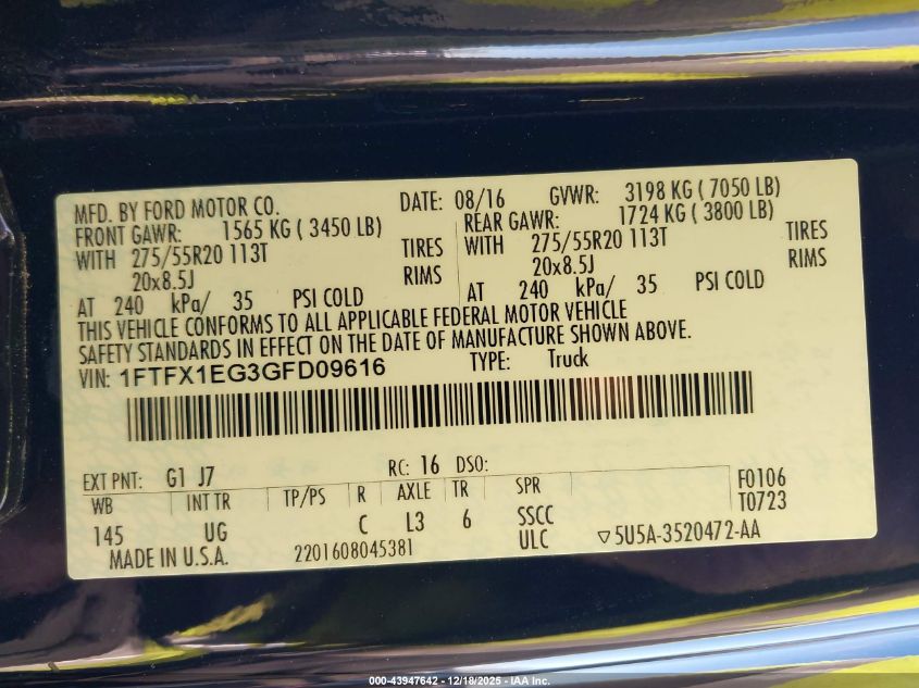 2016 Ford F-150 Xlt VIN: 1FTFX1EG3GFD09616 Lot: 43947642