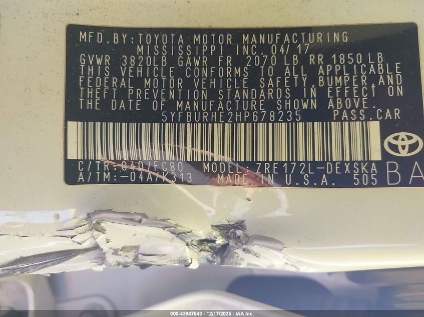 2017 Toyota Corolla Se VIN: 5YFBURHE2HP678235 Lot: 43947643