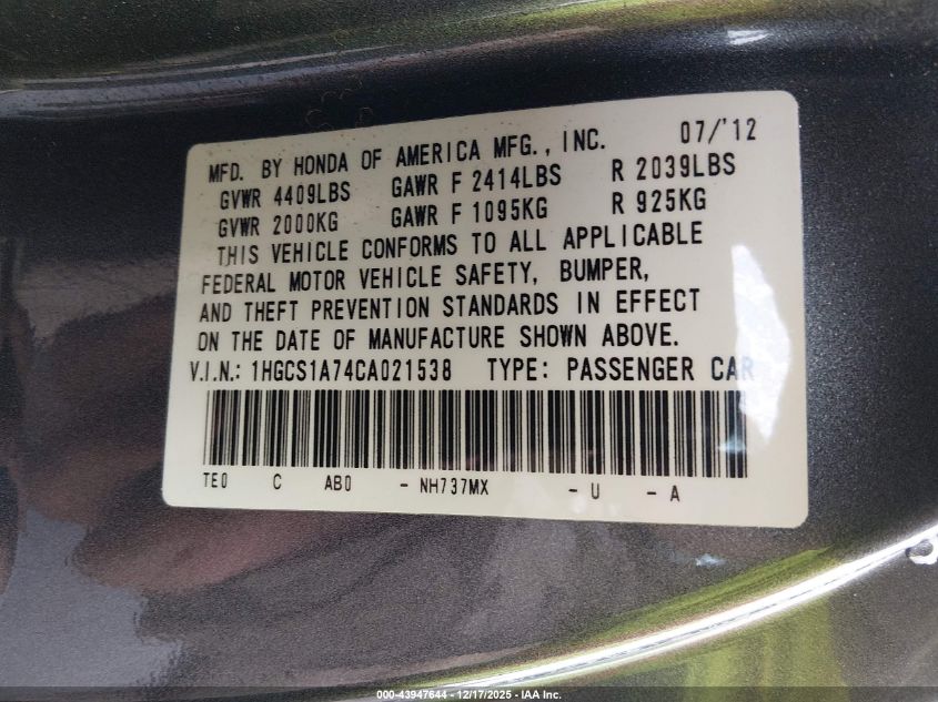 2012 Honda Accord 2.4 Ex VIN: 1HGCS1A74CA021538 Lot: 43947644