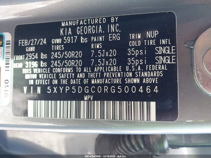 2024 Kia Telluride Sx Prestige VIN: 5XYP5DGC0RG500464 Lot: 43947648