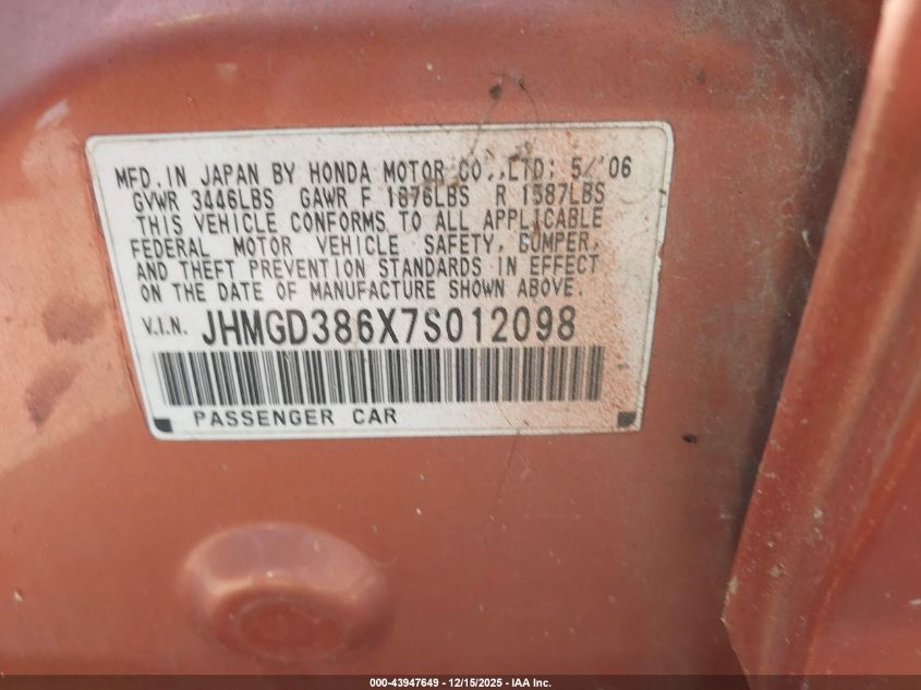 2007 Honda Fit Sport VIN: JHMGD386X7S012098 Lot: 43947649