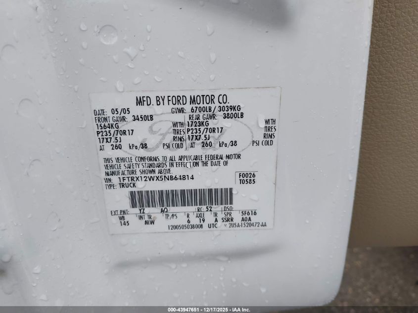 2005 Ford F-150 Stx/Xl/Xlt VIN: 1FTRX12WX5NB64814 Lot: 43947651