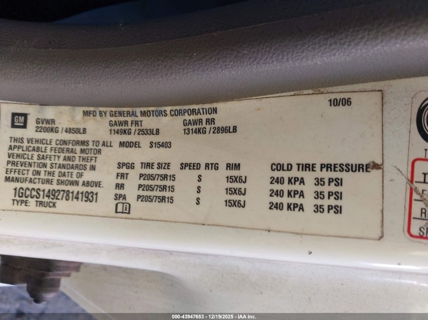 2007 Chevrolet Colorado Work Truck VIN: 1GCCS149278141931 Lot: 43947653