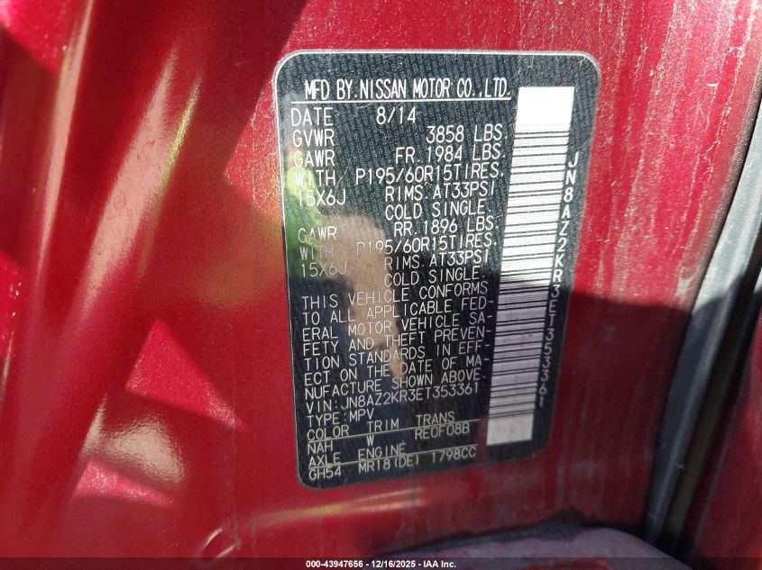 2014 Nissan Cube 1.8 S VIN: JN8AZ2KR3ET353361 Lot: 43947656