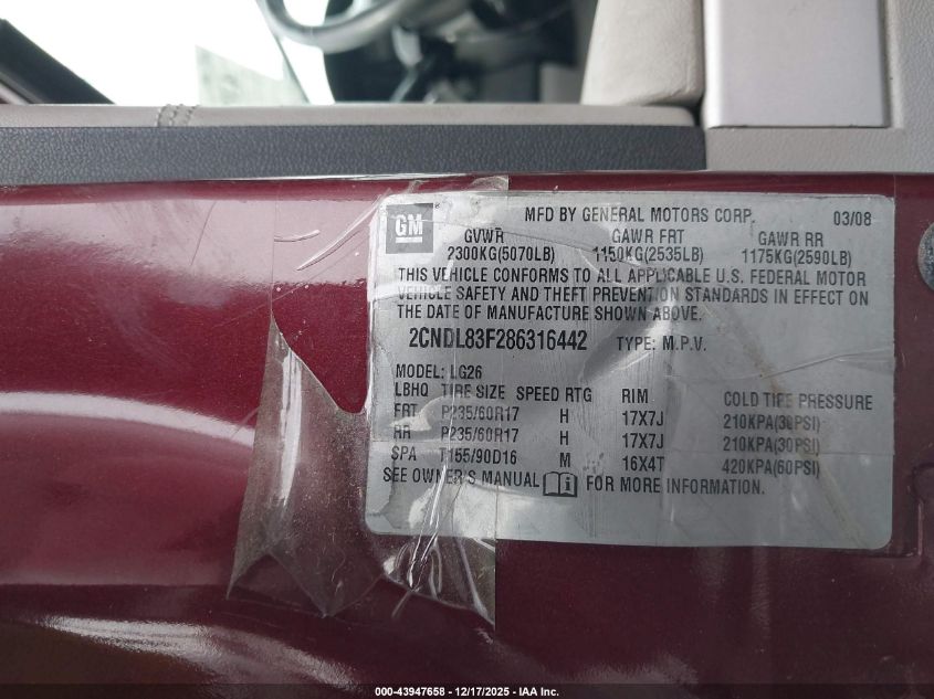 2008 Chevrolet Equinox Ltz VIN: 2CNDL83F286316442 Lot: 43947658