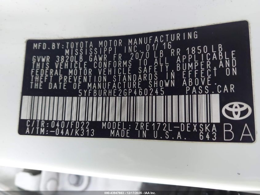 2016 Toyota Corolla S Plus VIN: 5YFBURHE2GP460245 Lot: 43947663