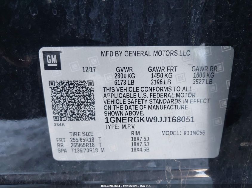 2018 Chevrolet Traverse 1Lt VIN: 1GNERGKW9JJ168051 Lot: 43947664