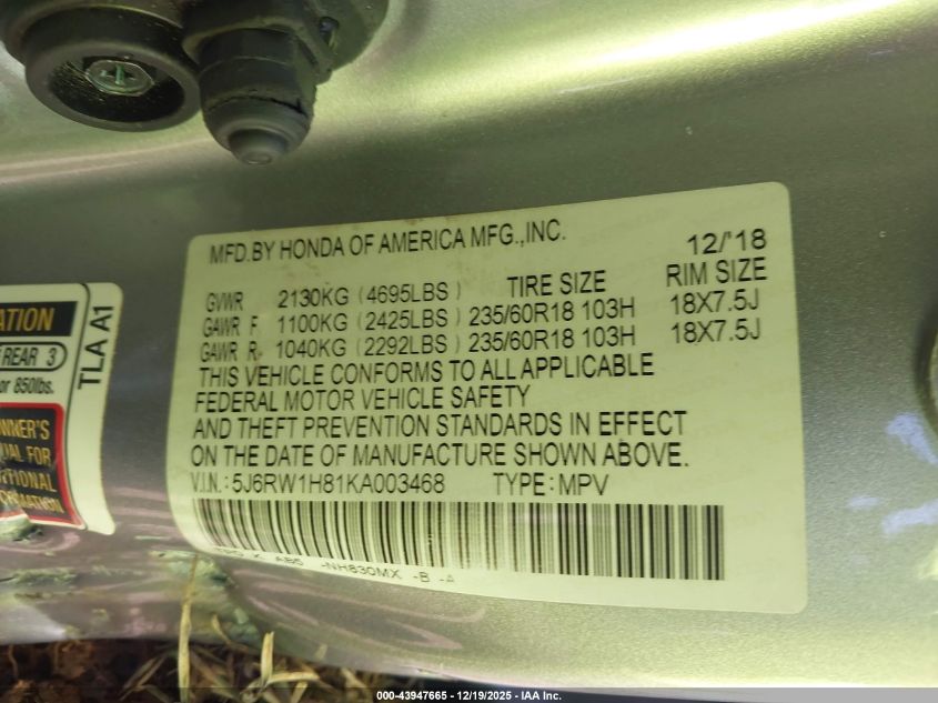 2019 Honda Cr-V Ex-L VIN: 5J6RW1H81KA003468 Lot: 43947665