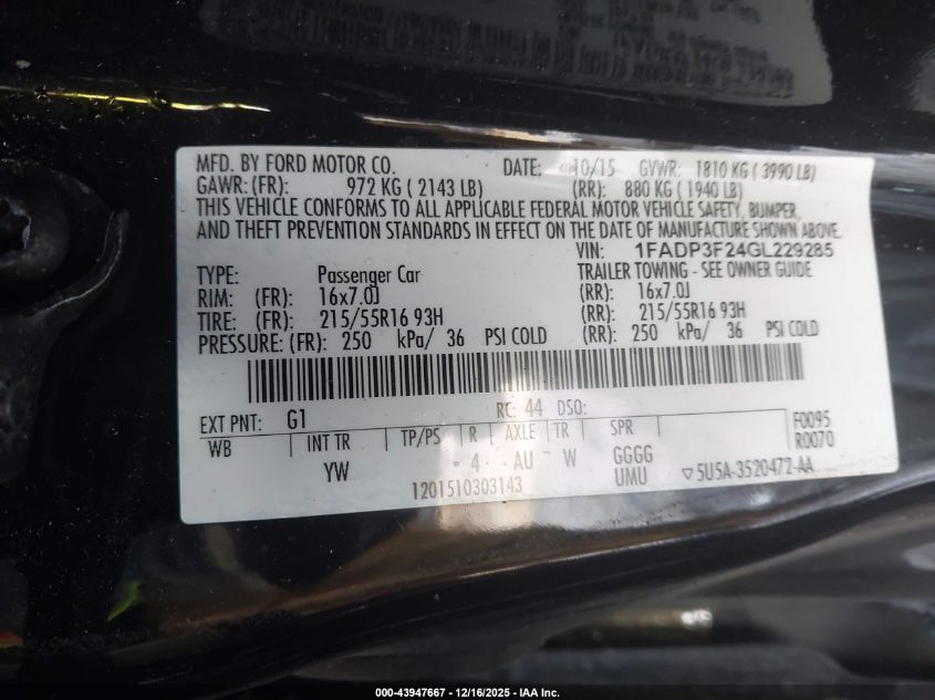 2016 Ford Focus Se VIN: 1FADP3F24GL229285 Lot: 43947667