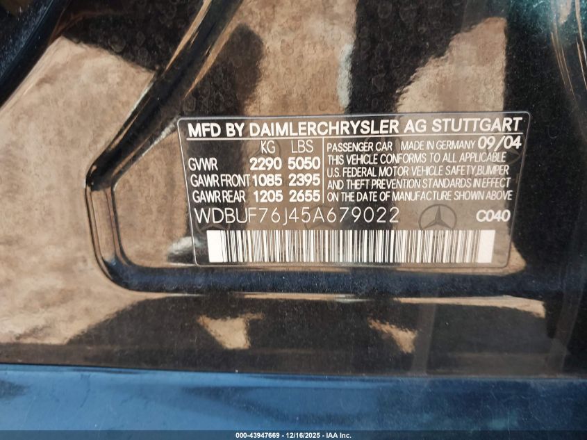2005 Mercedes-Benz E 55 Amg VIN: WDBUF76J45A679022 Lot: 43947669