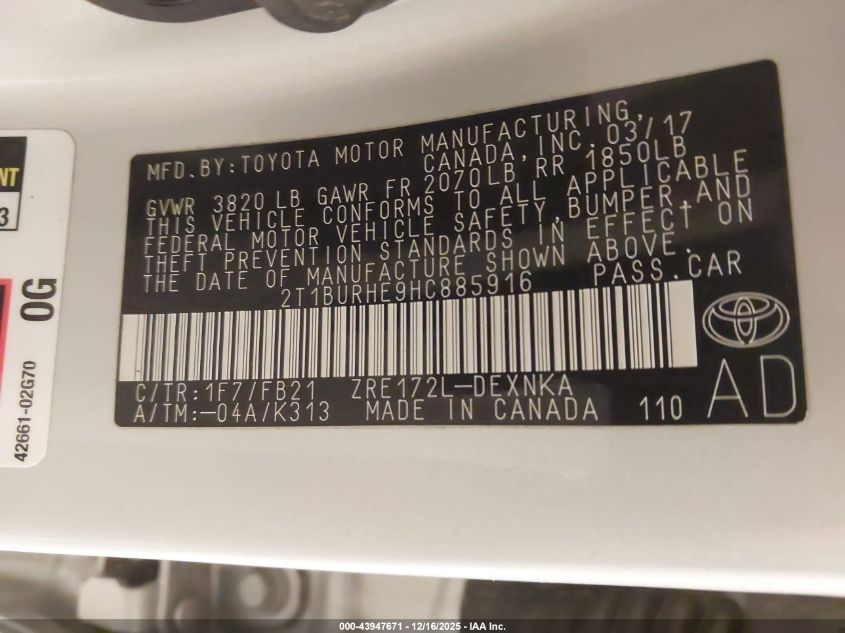 2017 Toyota Corolla Le VIN: 2T1BURHE9HC885916 Lot: 43947671