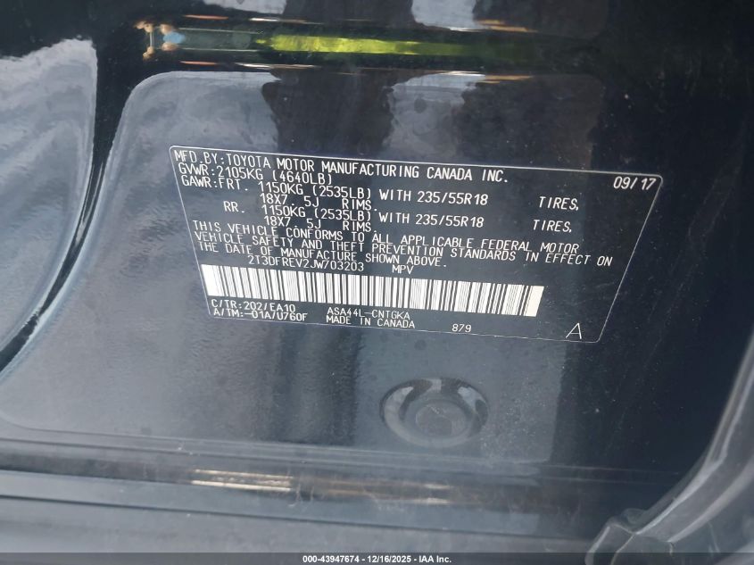 2018 Toyota Rav4 Limited VIN: 2T3DFREV2JW703203 Lot: 43947674