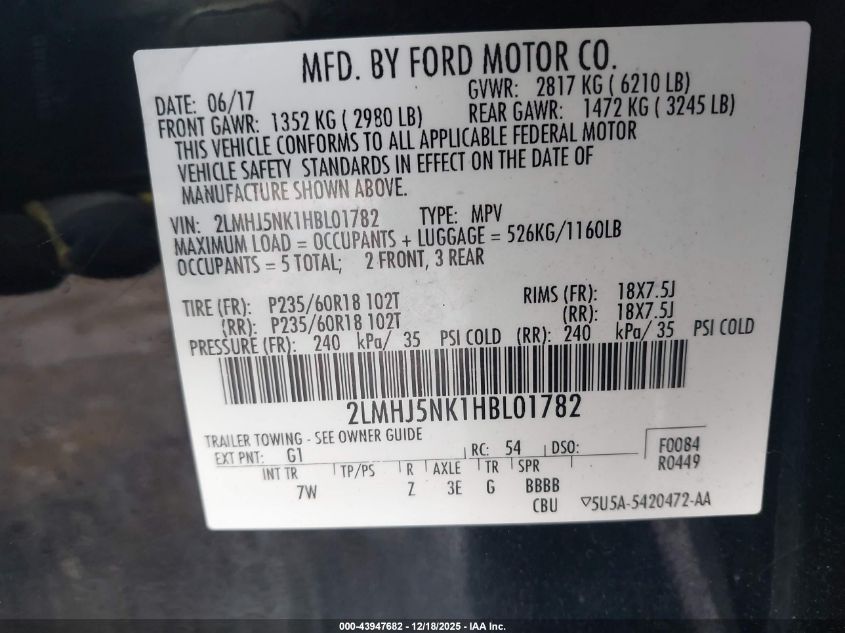 2017 Lincoln Mkt Livery VIN: 2LMHJ5NK1HBL01782 Lot: 43947682