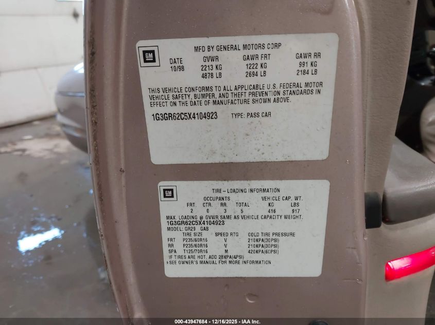 1999 Oldsmobile Aurora VIN: 1G3GR62C5X4104923 Lot: 43947684