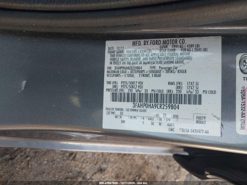 2012 Ford Fusion Se VIN: 3FAHP0HA9CR259804 Lot: 43947686